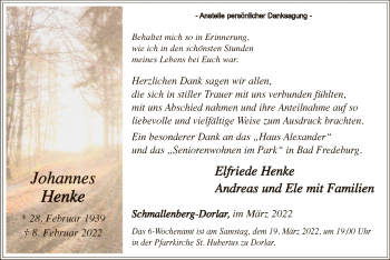 Traueranzeige von Johannes Henke von WA