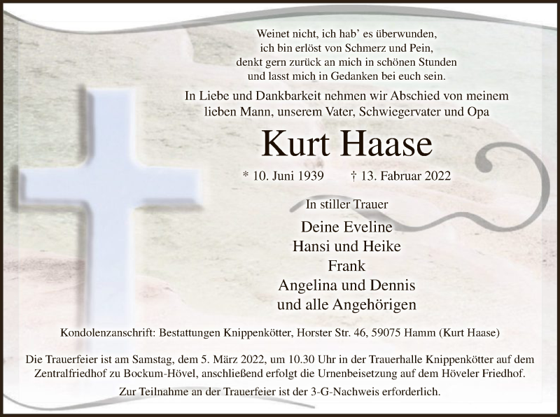  Traueranzeige für Kurt Haase vom 02.03.2022 aus WA