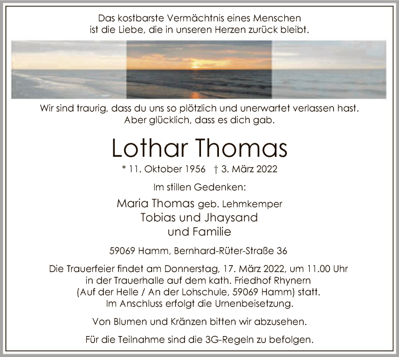  Traueranzeige für Lothar Thomas vom 12.03.2022 aus WA