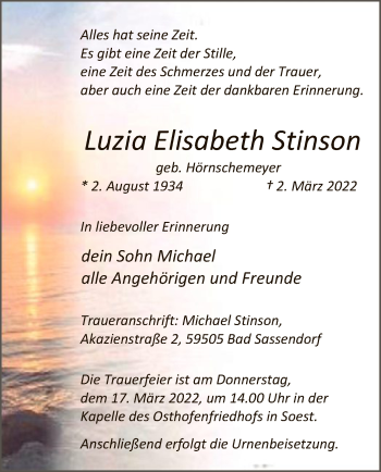 Traueranzeige von Luzia Elisabeth Stinson von WA