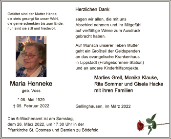 Traueranzeige von Maria Henneke von WA