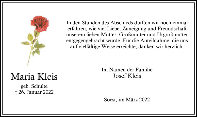  Traueranzeige für Maria Kleis vom 19.03.2022 aus WA