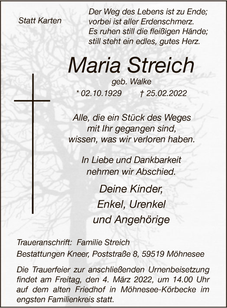  Traueranzeige für Maria Streich vom 01.03.2022 aus WA