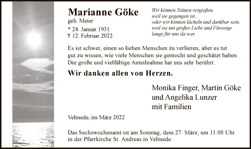  Traueranzeige für Marianne Göke vom 19.03.2022 aus WA