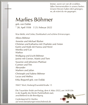 Traueranzeige von Marlies Böhmer von WA