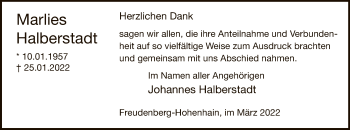 Traueranzeige von Marlies Halberstadt von WA