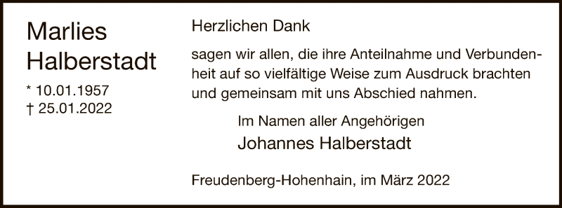  Traueranzeige für Marlies Halberstadt vom 12.03.2022 aus WA