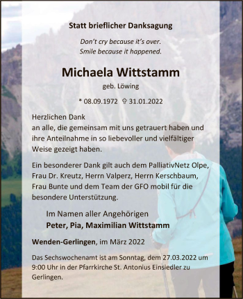 Traueranzeige von Michaela Wittstamm von WA
