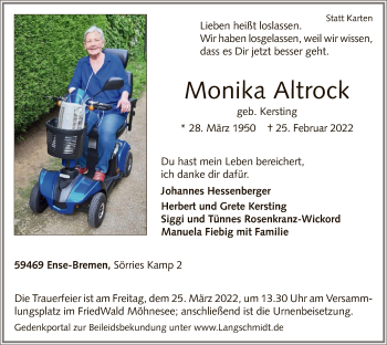 Traueranzeige von Monika Altrock von WA