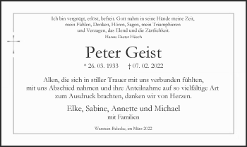 Traueranzeige von Peter Geist von WA