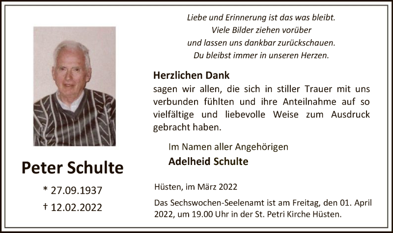  Traueranzeige für Peter Schulte vom 26.03.2022 aus WA