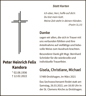 Traueranzeige von Peter Heinrich Felix Kandora von WA