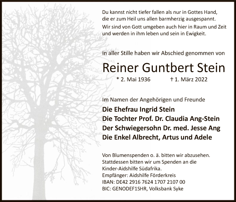  Traueranzeige für Reiner Guntbert Stein vom 12.03.2022 aus WA