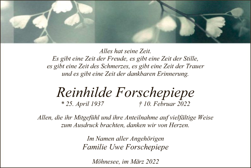  Traueranzeige für Reinhilde Forschepiepe vom 23.03.2022 aus WA