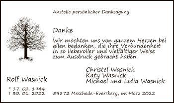 Traueranzeige von Rolf Wasnick von WA