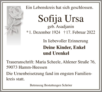Traueranzeige von Sofija Ursa von WA