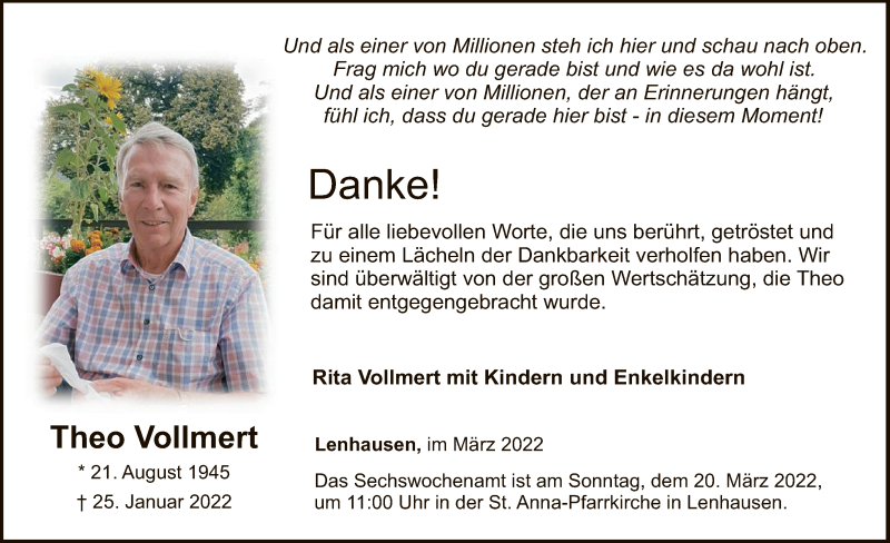  Traueranzeige für Theo Vollmert vom 12.03.2022 aus WA