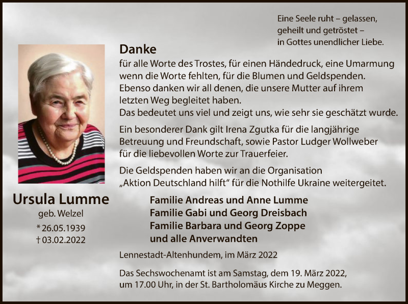  Traueranzeige für Ursula Lumme vom 12.03.2022 aus WA