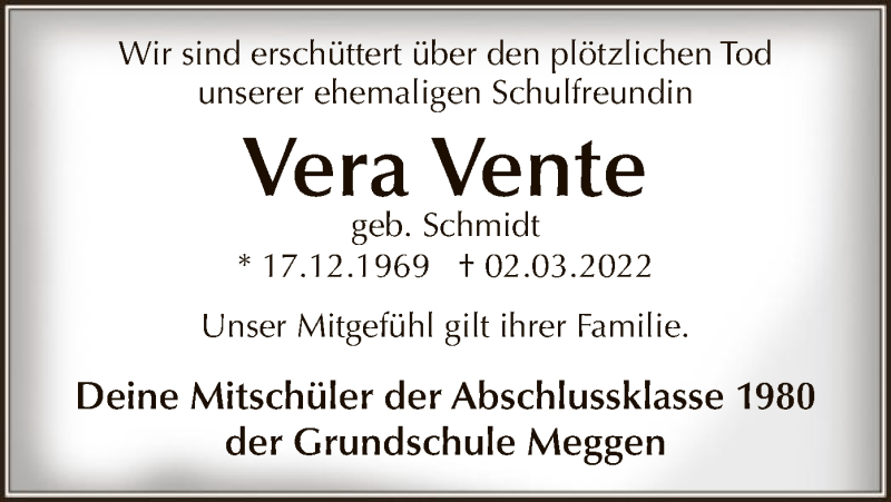 Traueranzeige für Vera Vente vom 19.03.2022 aus WA
