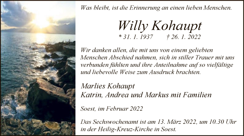  Traueranzeige für Willy Kohaupt vom 02.03.2022 aus WA