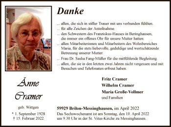 Traueranzeige von Änne Cramer von WA