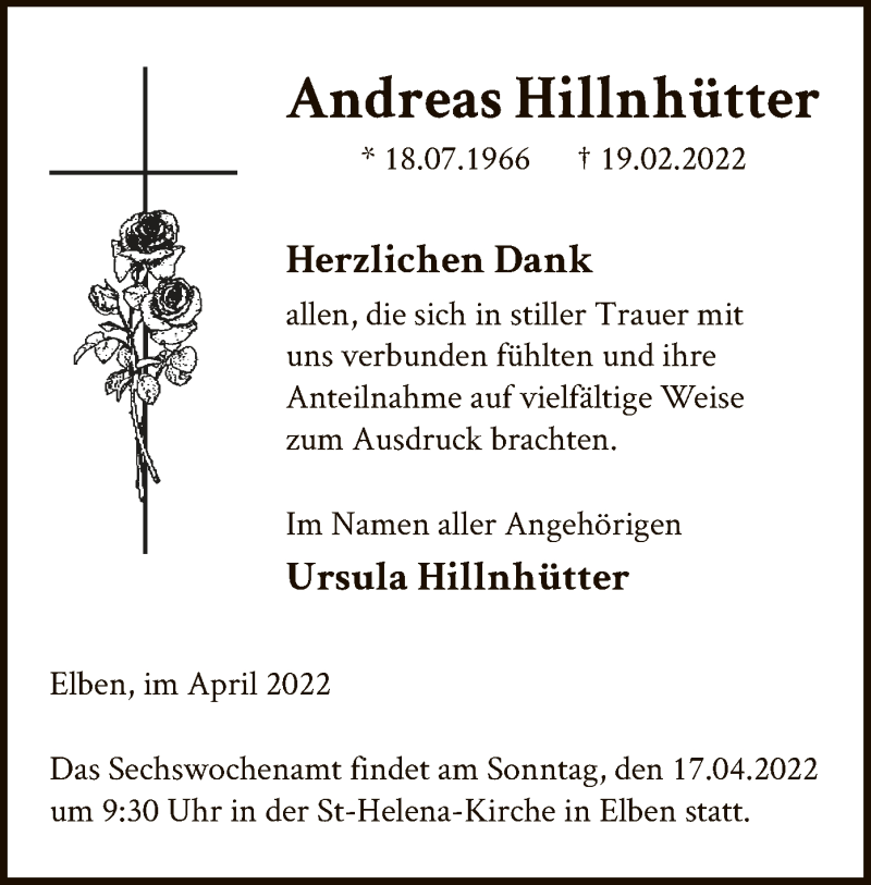  Traueranzeige für Andreas Hillnhütter vom 16.04.2022 aus WA