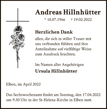 Traueranzeige von Andreas Hillnhütter von WA