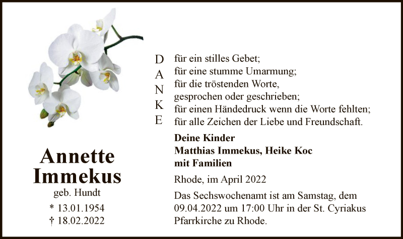  Traueranzeige für Annette Immekus vom 02.04.2022 aus WA