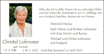 Traueranzeige von Christel Lohmeier von WA