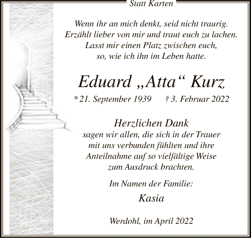  Traueranzeige für Eduard Kurz vom 02.04.2022 aus WA