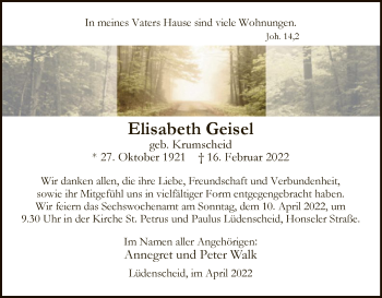 Traueranzeige von Elisabeth Geisel von WA