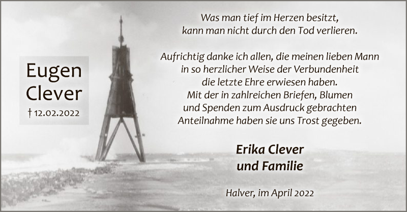  Traueranzeige für Erika Clever vom 02.04.2022 aus WA