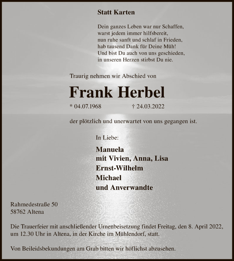  Traueranzeige für Frank Herbel vom 02.04.2022 aus WA