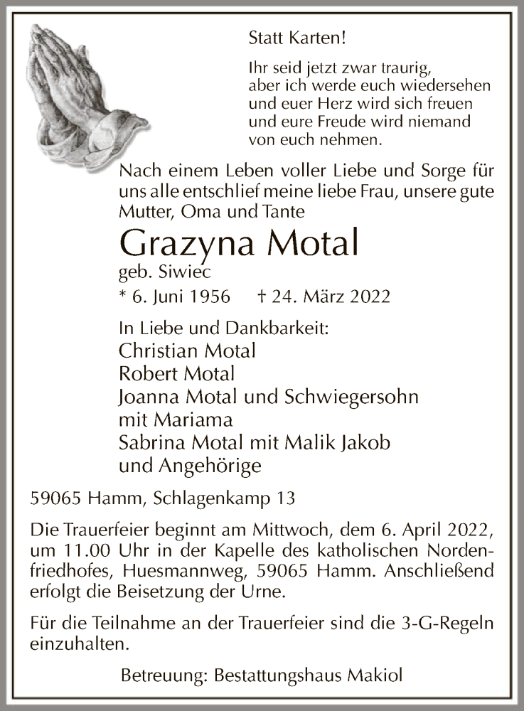  Traueranzeige für Grazyna Motal vom 02.04.2022 aus WA