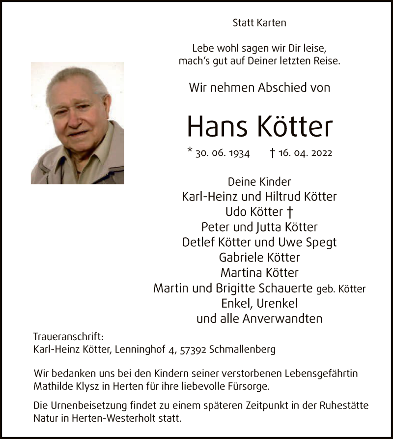  Traueranzeige für Hans Kötter vom 23.04.2022 aus WA