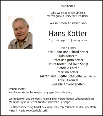 Traueranzeige von Hans Kötter von WA