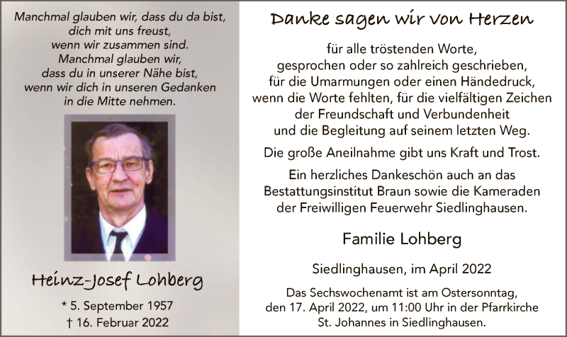  Traueranzeige für Heinz-Josef Lohberg vom 09.04.2022 aus WA