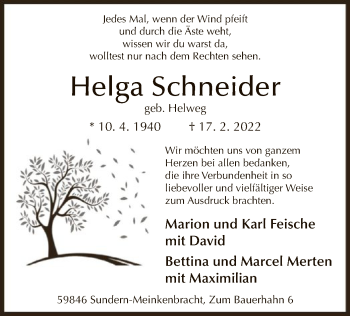 Traueranzeige von Helga Schneider von WA
