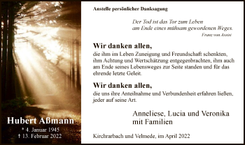 Traueranzeige von Hubert Aßmann von WA