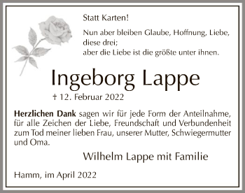 Traueranzeige von Ingeborg Lappe von WA