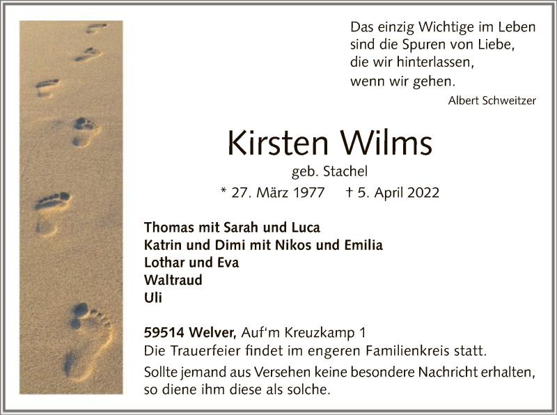  Traueranzeige für Kirsten Wilms vom 09.04.2022 aus WA