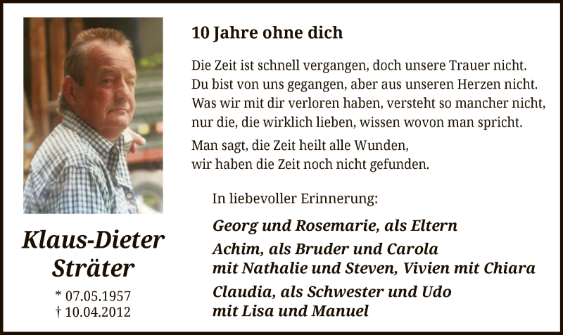  Traueranzeige für Klaus-Dieter Sträter vom 09.04.2022 aus WA