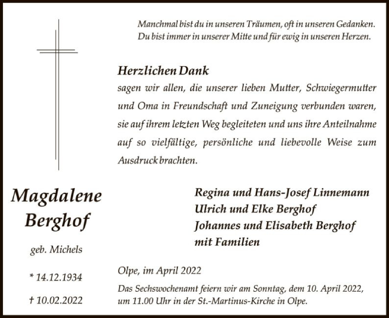  Traueranzeige für Magdalene Berghof vom 02.04.2022 aus WA