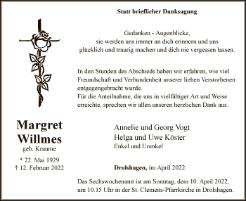 Traueranzeige von Margret Willmes von WA
