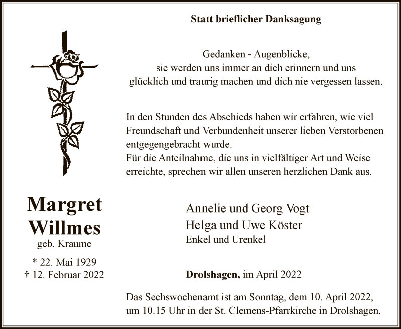  Traueranzeige für Margret Willmes vom 02.04.2022 aus WA