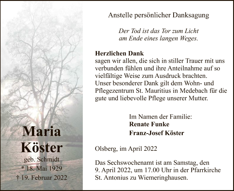  Traueranzeige für Maria Köster vom 02.04.2022 aus WA