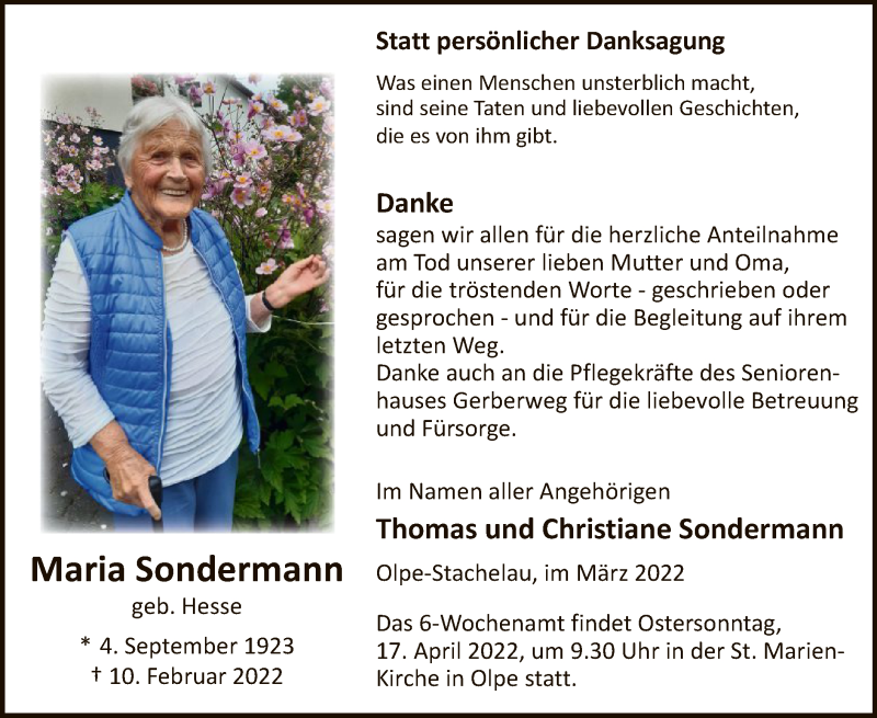  Traueranzeige für Maria Sondermann vom 09.04.2022 aus WA