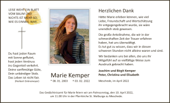 Traueranzeige von Marie Kemper von WA