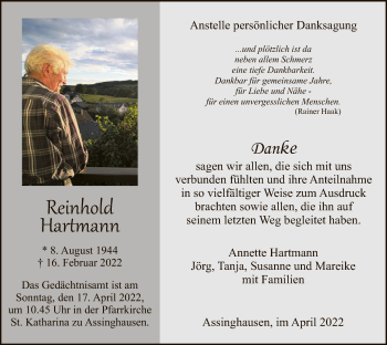 Traueranzeige von Reinhold Hartmann von WA