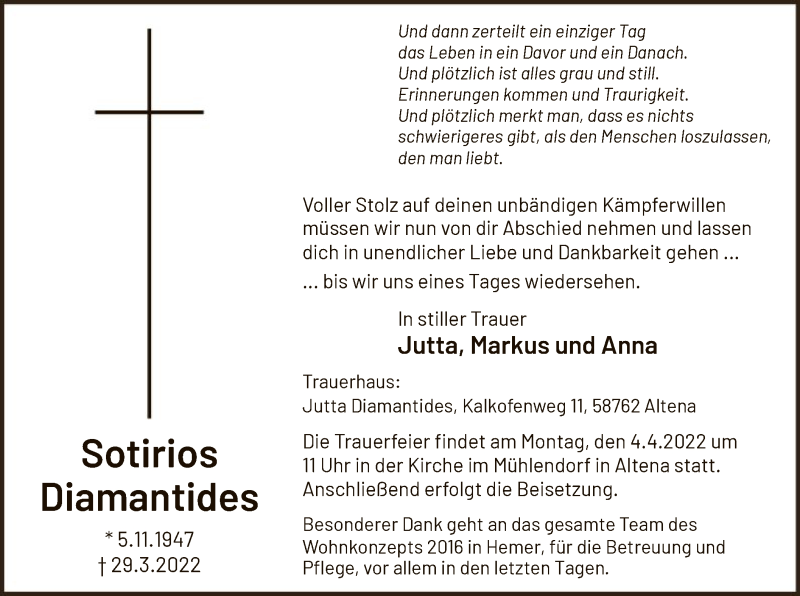  Traueranzeige für Sotirios Diamantides vom 01.04.2022 aus WA